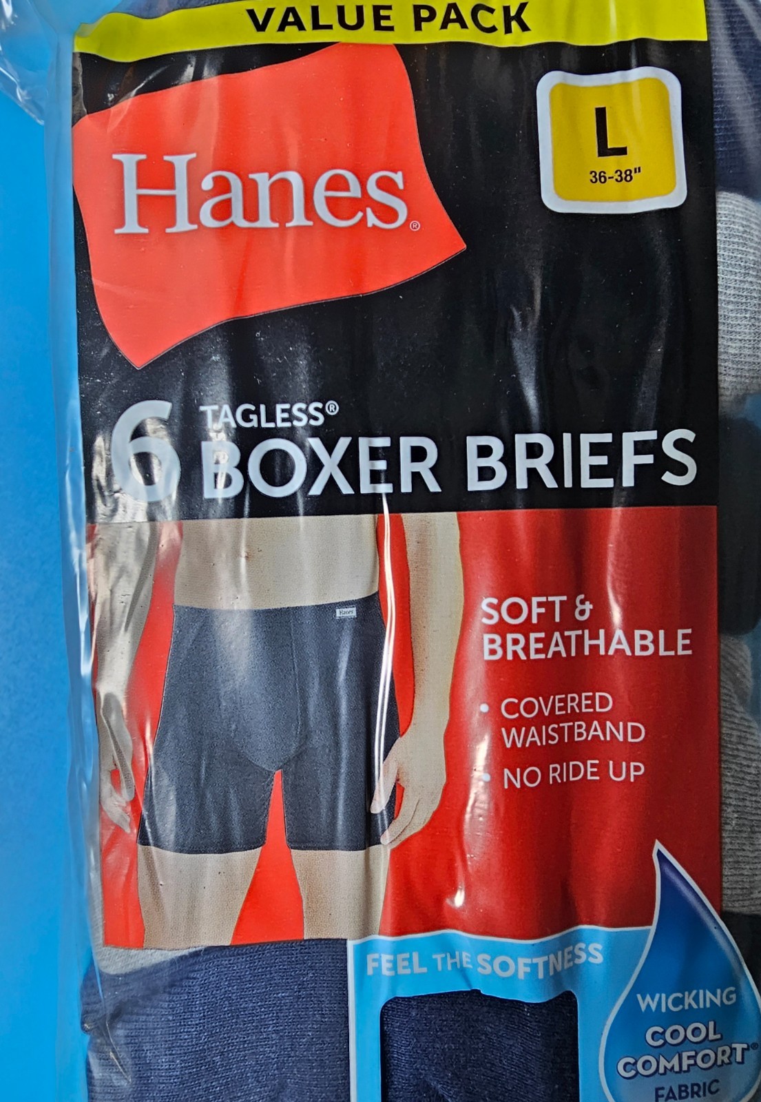 Hanes Tagless 6 Pack Boxer Briefs Wicking Cool Comfort, Blue/Gray/Black, Size L