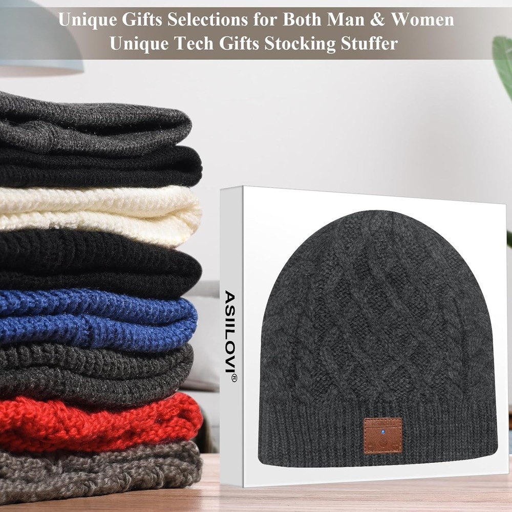 ASIILOVI Bluetooth Beanie, Double-Layer Wool Lining Bluetooth Hat Charcoal