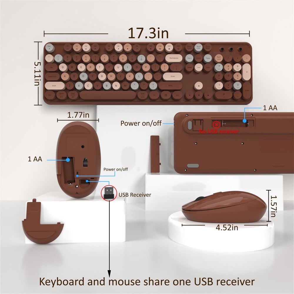 Wireless Keyboard Mouse Combo FullSize Retro Typewriter Round Keycaps Coffee