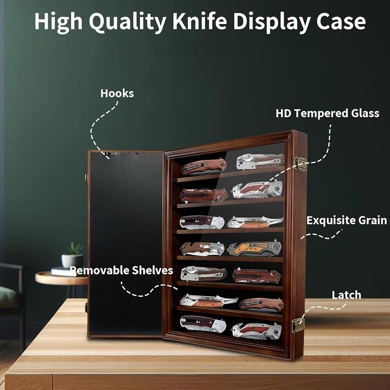 Wooden Knife Display Case Wall Mount Removable Shelves Secure Storage Shadow Box