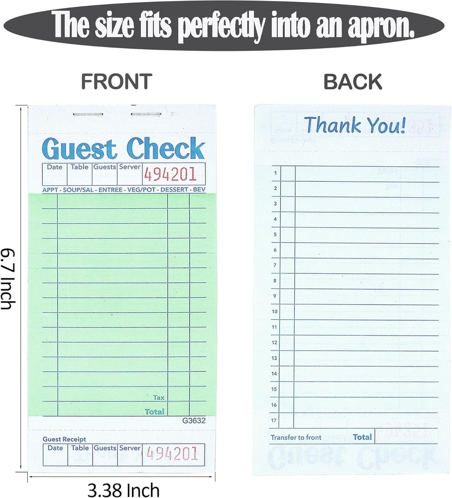 Waitress Notepad 6 Pack - Perforated Green Guest Checks for Efficient Ordering