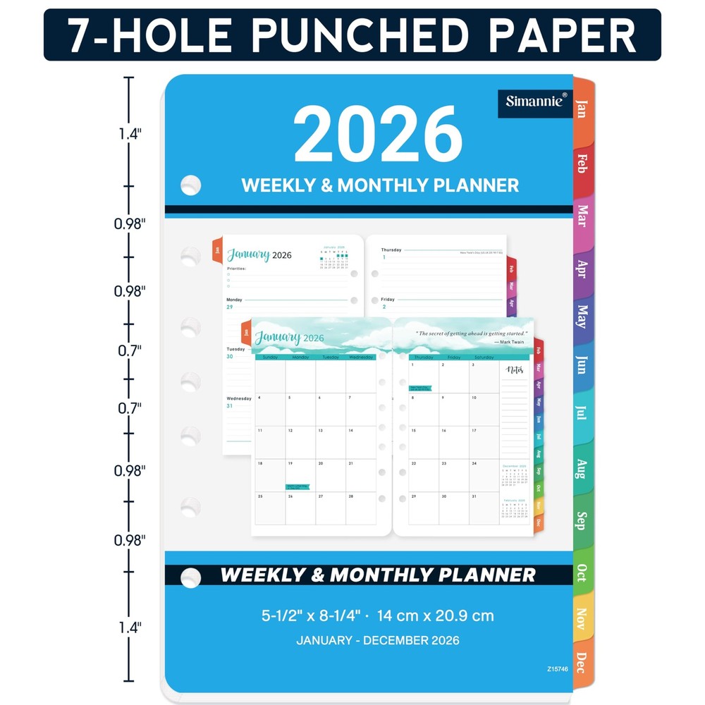 2026 Planner Refills - A5 Planner Inserts with 7-Hole Punched, JAN 2026 - DEC...