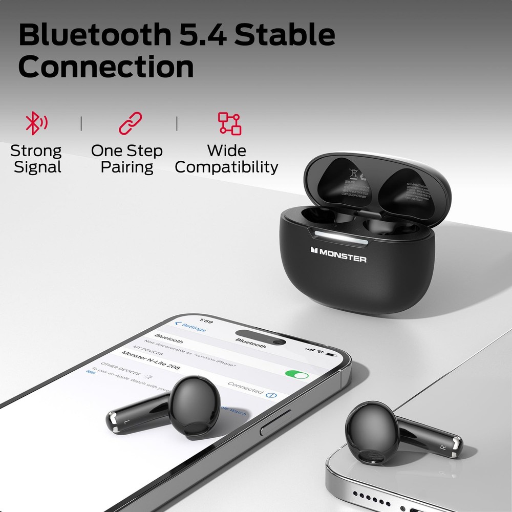 N-Lite 208 Wireless Earbuds Bluetooth 5.4 Built-in Mic, Touch Control, Blueto...