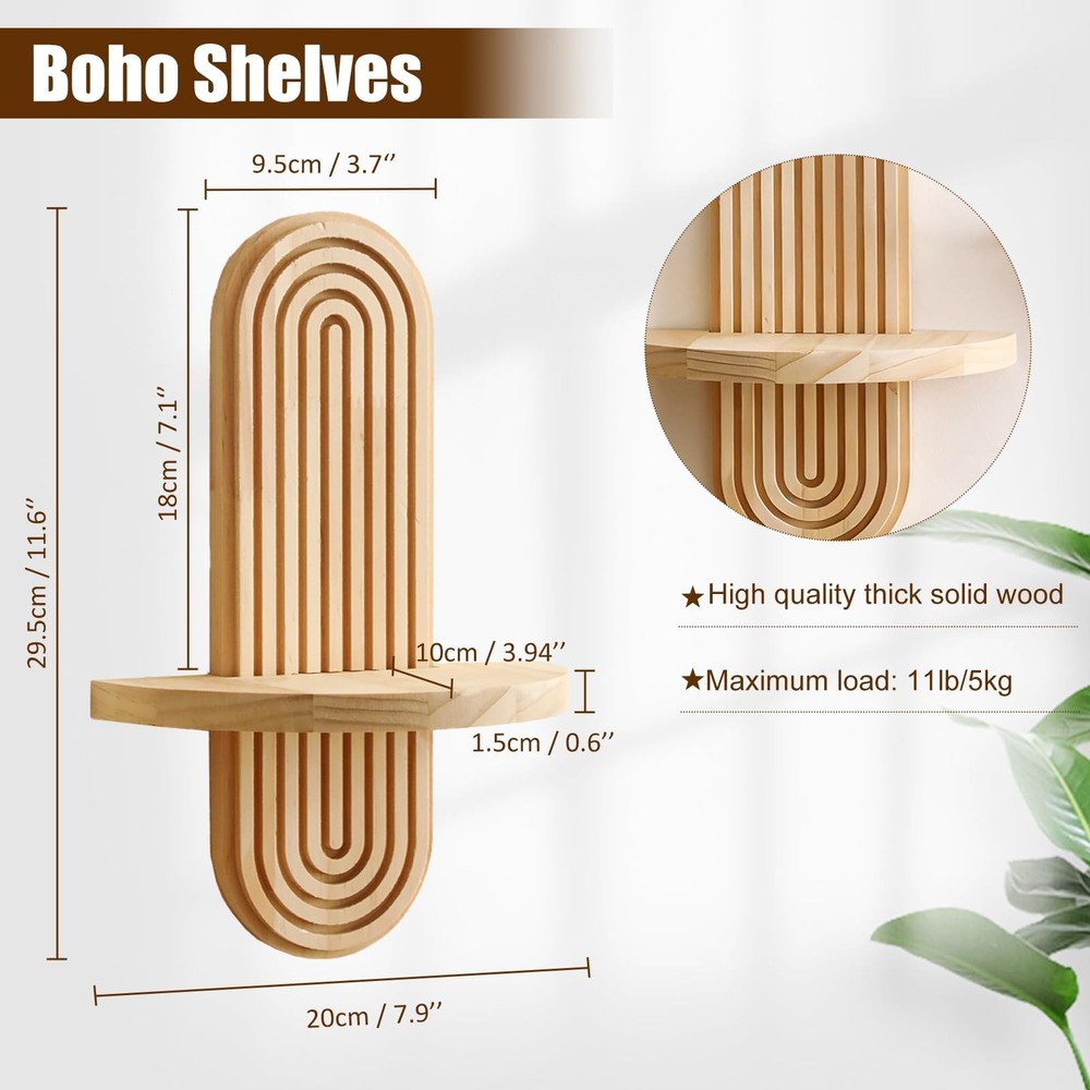 2 Pack Boho Shelf Wall Decor - Handmade Solid Wood Floating Shelves Rainbow A...