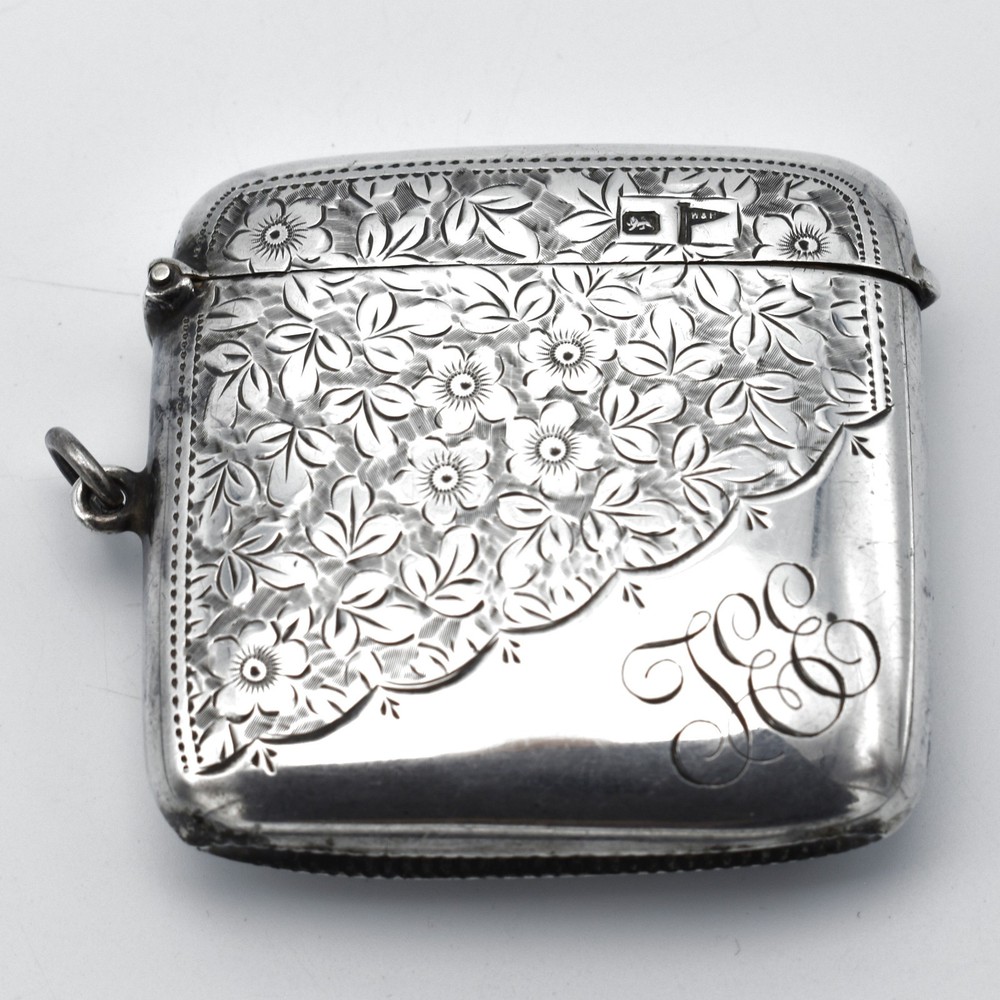 Large Solid Silver Antique Vesta Case Match Safe Floral Ivy Pattern 1918