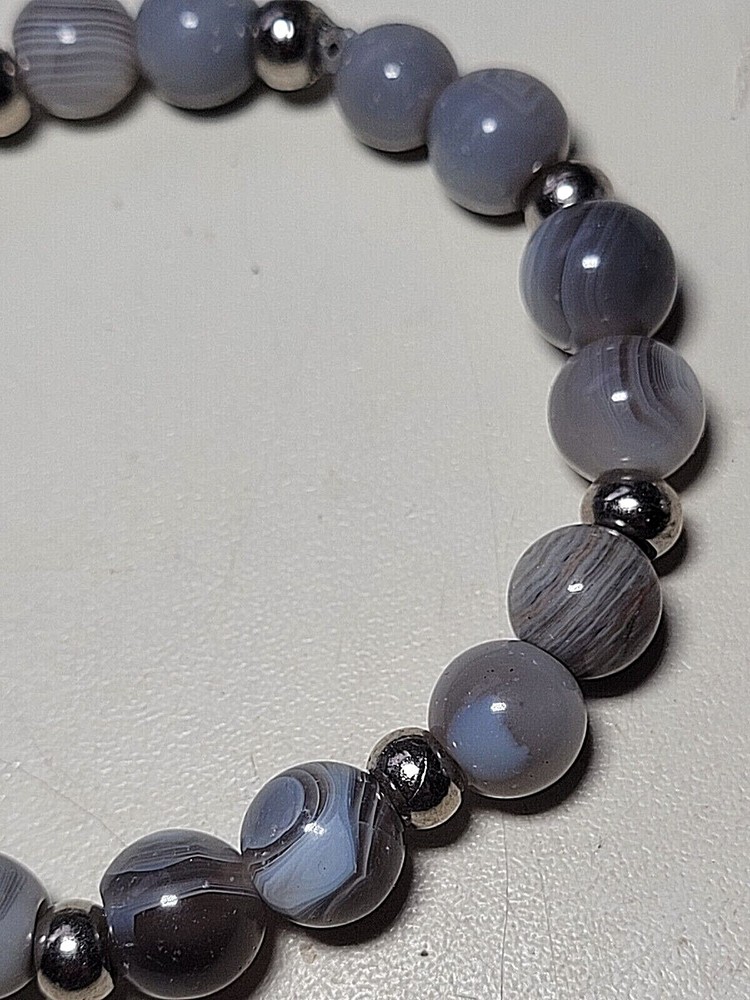 Gray Tree Agate Natural Gemstone Bracelet 7" Elasticated Healing Stone Handmade
