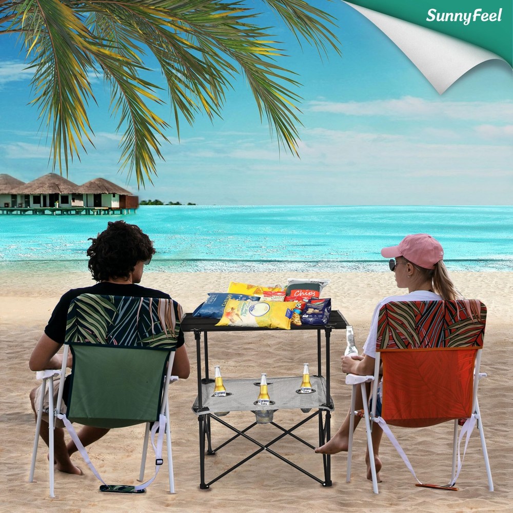 Folding Camping Table- Collapsible Portable Beach Table with 4 Cup Holders & ...