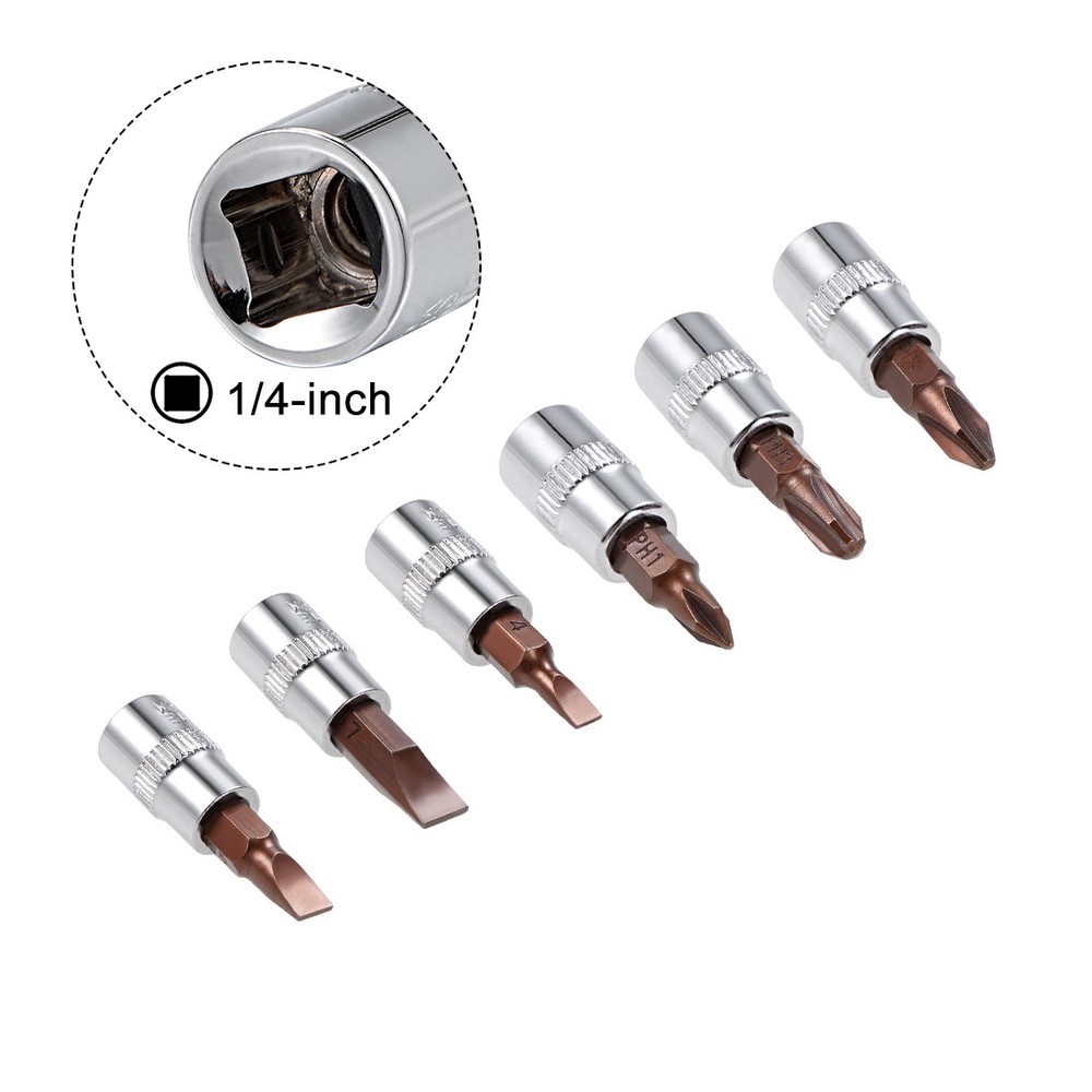 6pcs 1/4" Drive Phillips Slotted Bit Socket Set S2 Steel Bits CR-V Sockets
