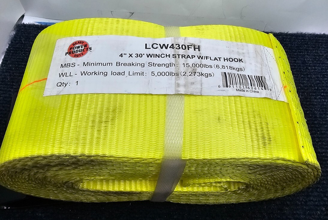 Power Products LCW430FH:  4"x 30' Winch Strap With Flat Hook 15,000lbs