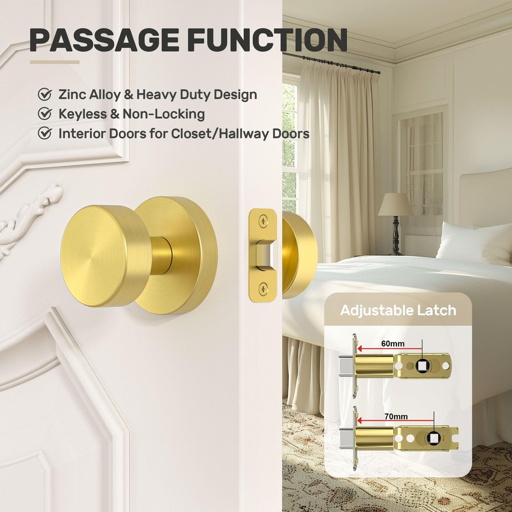 Passage Door Knobs Interior, Brushed Gold Door Knob for Closet, Brushed Brass...
