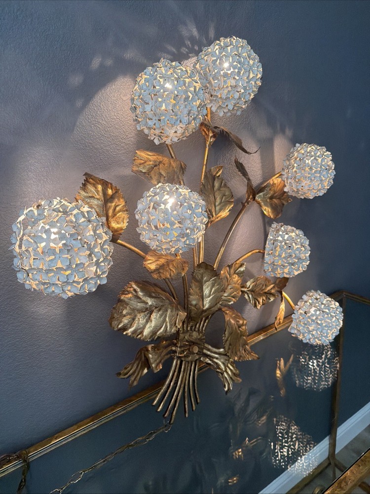 1950s Hydrangea Wall Light gilded brass with white enamel hydrangeas