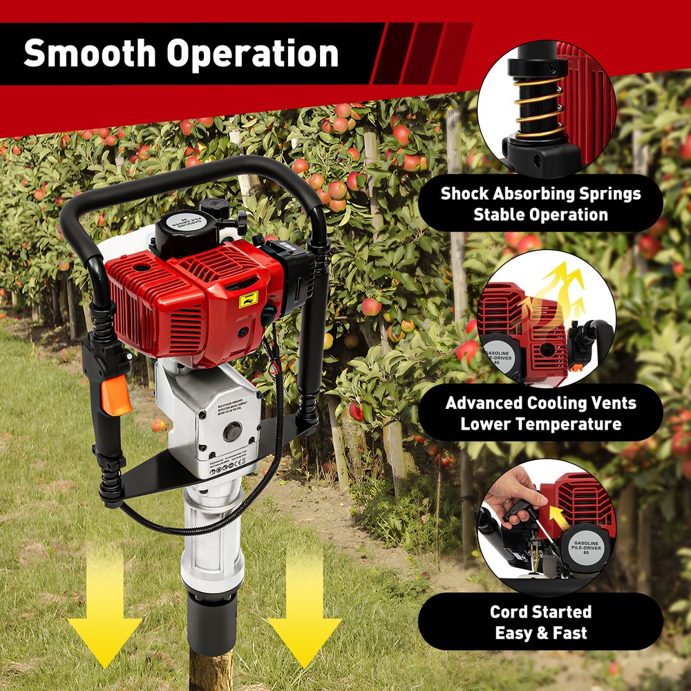 Petrol Post Driver 1900W 52cc Two-Stroke Engine with Shock Absorption