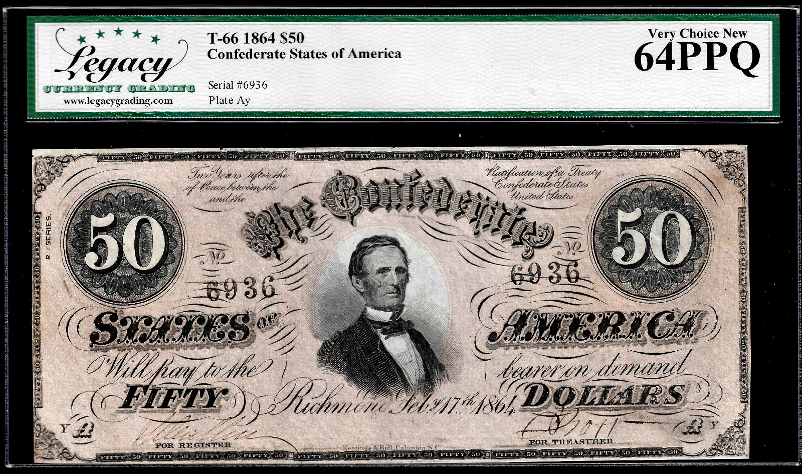 1864 Confederate States of America $50 Banknote T-66 LCG Choice 64PPQ