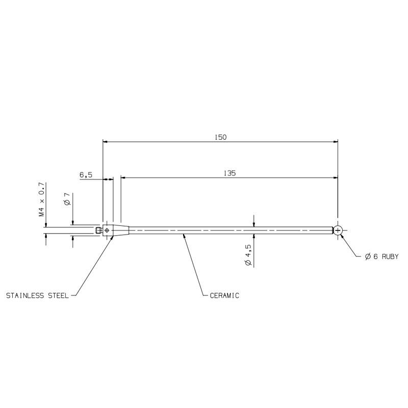 CMM Touch Probe M4 Thread 6mm Ruby Ball Point Ceramic Stem 150mm for A-5000-8156