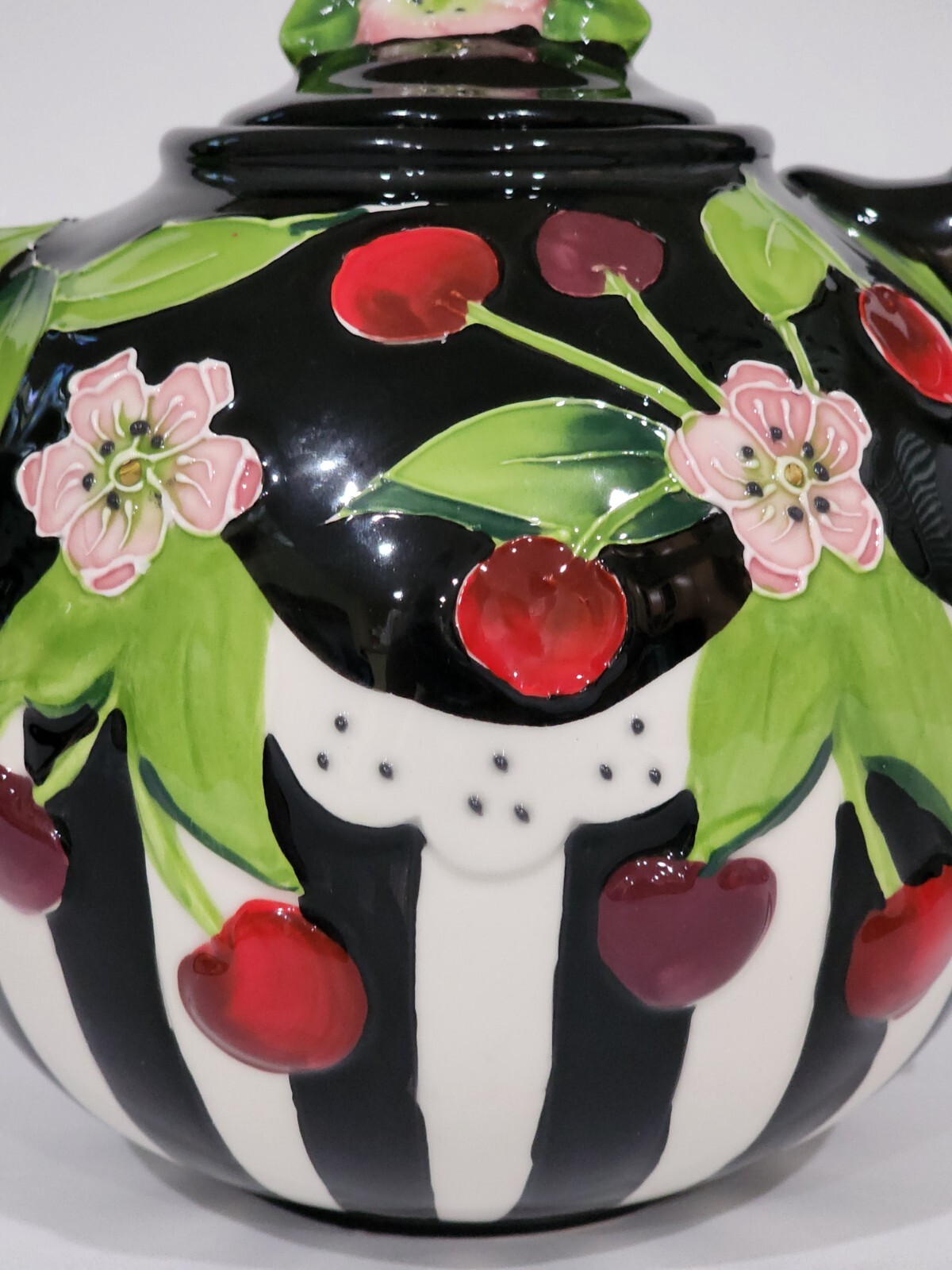Blue Sky ICING ON THE CAKE Cherry Teapot Ceramic Floral Black White Engelbreit