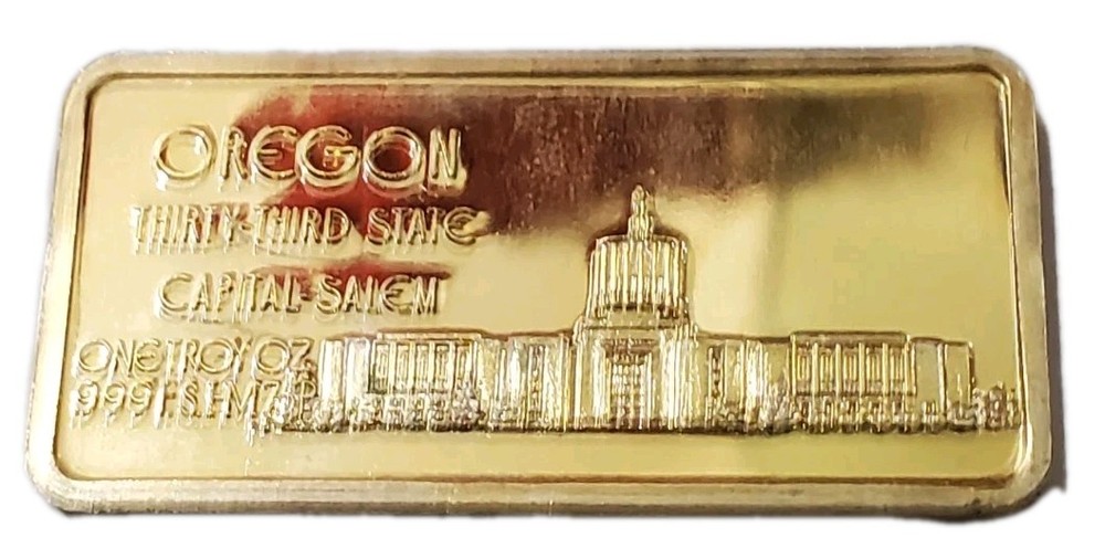 1 Oz Silver 33TH State OREGON Gilded Bar.
