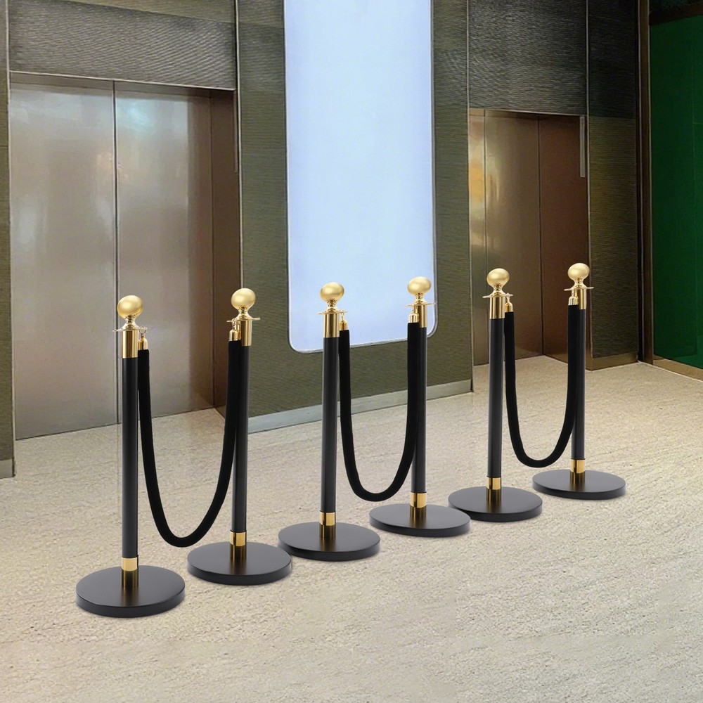 6 PCS Black Stainless Stanchion Posts w/ 4 Ropes Crowd Control Queue Barrier
