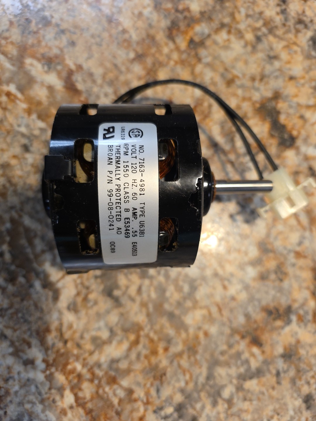 Broan Nutone Ventilation Fan Motor 7163-4981 U63B1 P/N 99-08-0241 RPM 1550