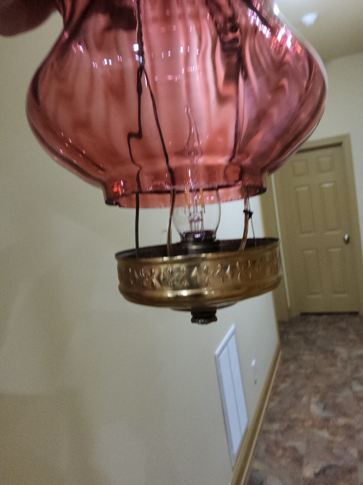 ATQ Victorian Cranberry Opalescent Striped Red Glass Pendant Ceiling Hall Light