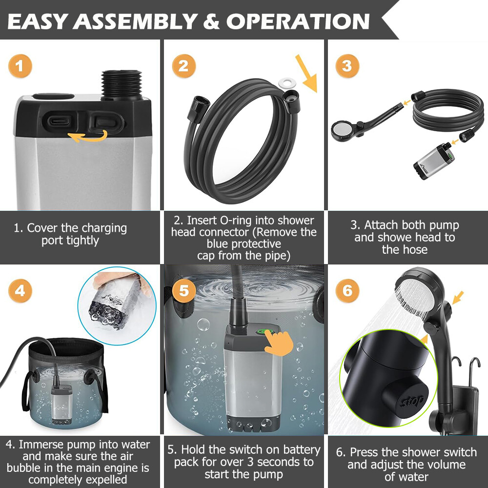 Portable Camping Shower 6000mAh Rechargeable Outdoor Camp Pump for Hiking Travel