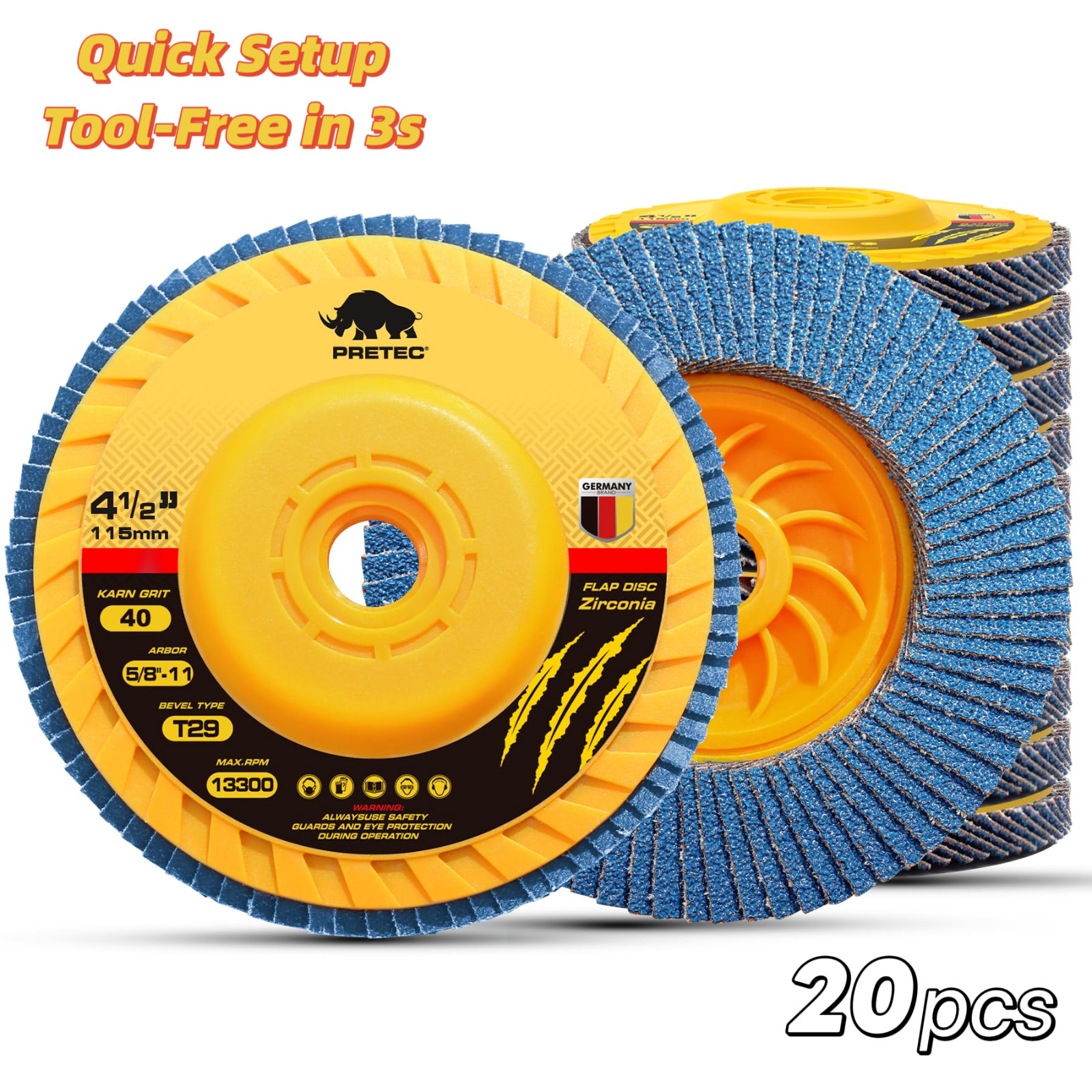 20PC Flap Discs 4-1/2" 40Grit T29 Tool-Free Zirconia Angle Grinder Sanding Wheel