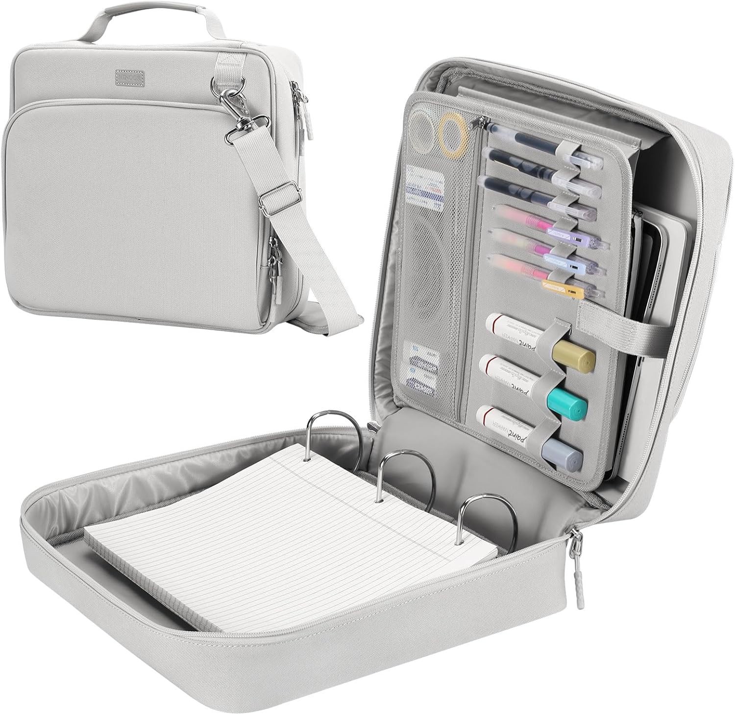 HINOOR 3-Inch D-Ring Zipper Binder w/ Shoulder Strap Holds Up To 700 Sheets Gray