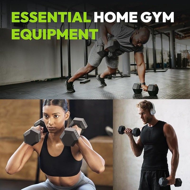 Solid Cast Iron Hex Dumbbells Rubber Encased Non-Slip Handle Strength Training