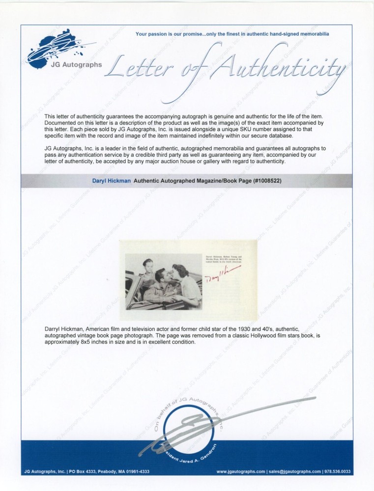 Daryl Hickman - Signed Cut Book Page + LOA
