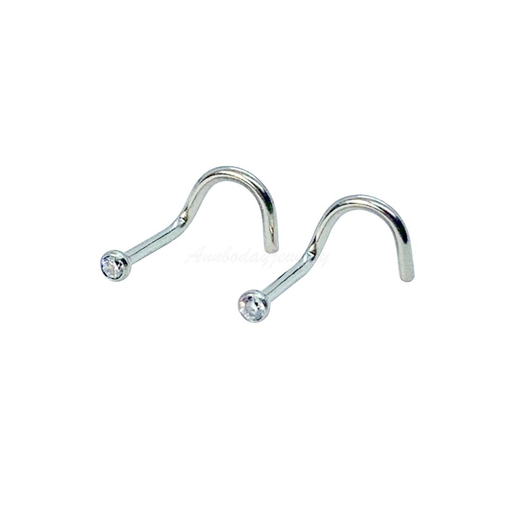 20G 18G Solid Titanium Screws Nose Ring Twist Nostril Stud CLEAR CZ 2mm Stone