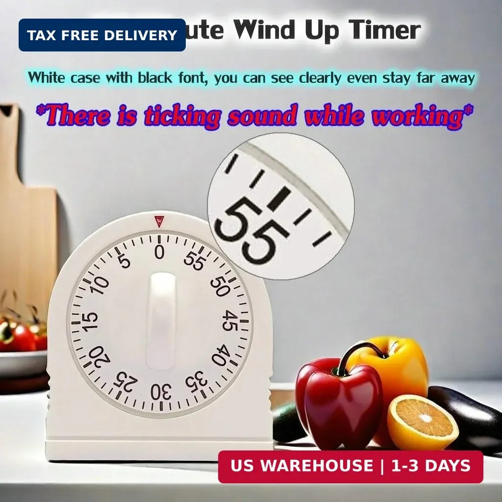 60 Minute Wind Up Timer, Visual Mechanical Timer with Loud Alarm, Manual Countdo