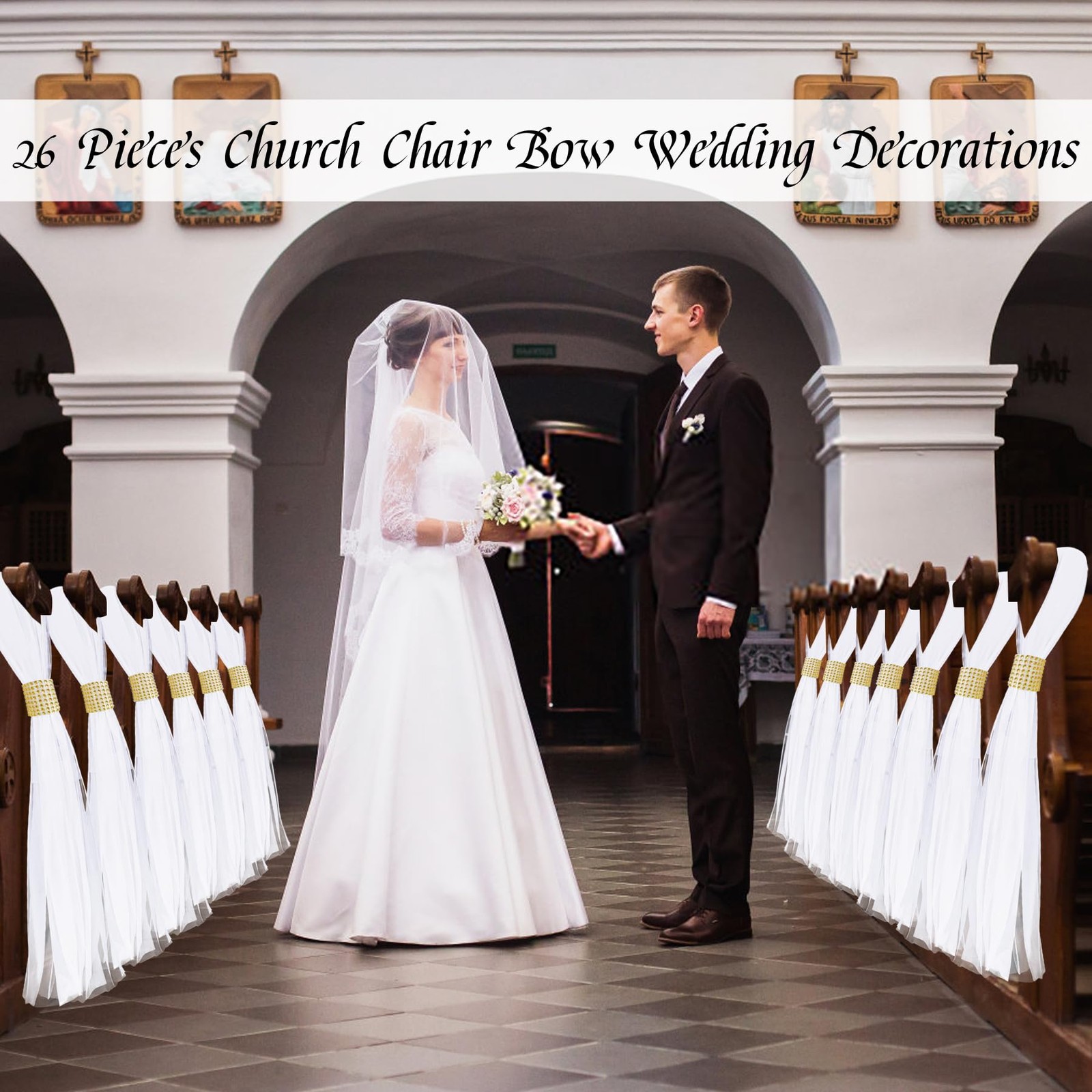 Large White Pew Bows Tulle Wedding Aisle Chair Decorations, Extended Church P...