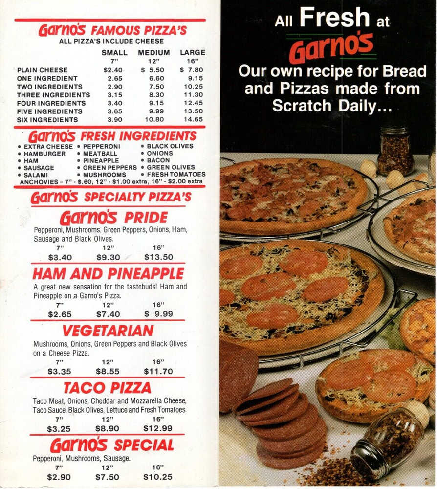 Menu Garno's Pizza & Grinders