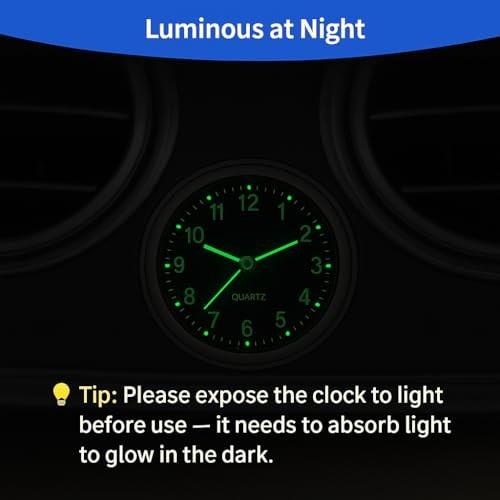Mini Car Clock Stick on Dashboard Luminous Tiny Vent Analog 2 Black, White