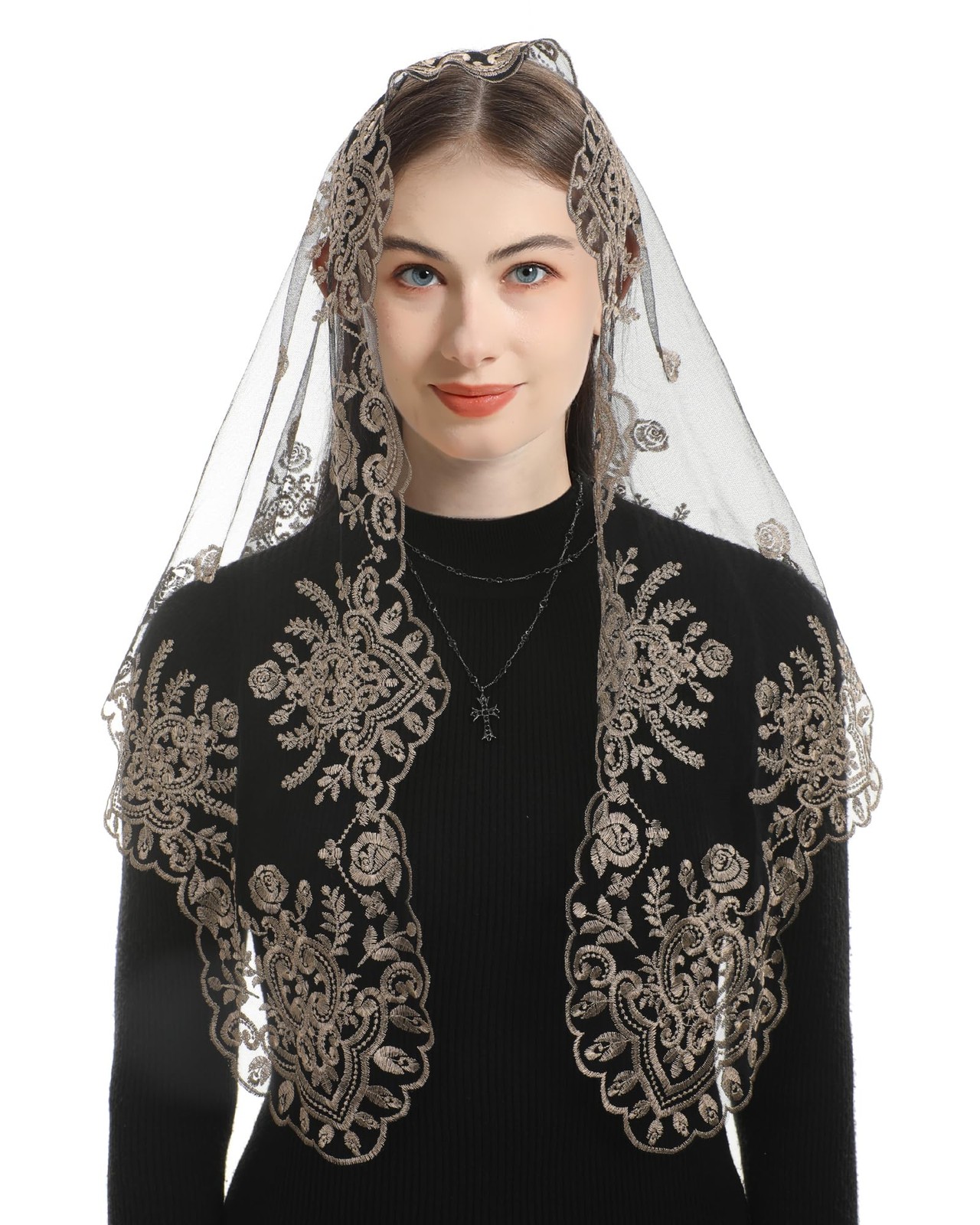 Mantilla Veils for Church Catholic, Triangle Black Gold Sacred Heart of Mary ...