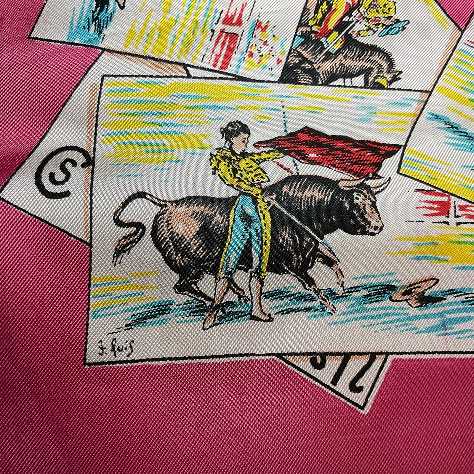 Vintage J Ruiz Scarf Matador Bull Fighter Pink Table or Fashion Large 34 inch Sq