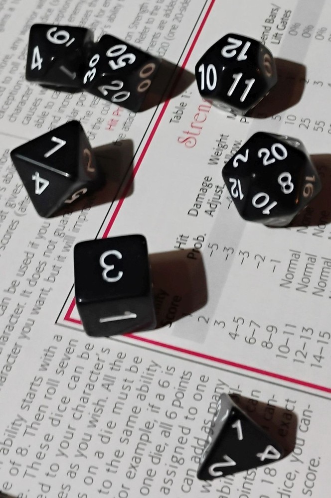 Black Polyhedral Dice Set White Numbers 7pc RPG Dice w Bag