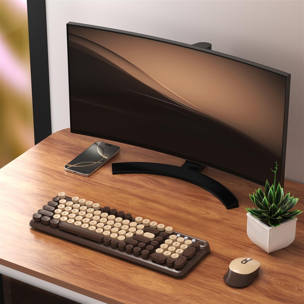 Wireless Keyboard Mouse Combo FullSize Retro Typewriter Coffee Brown Set