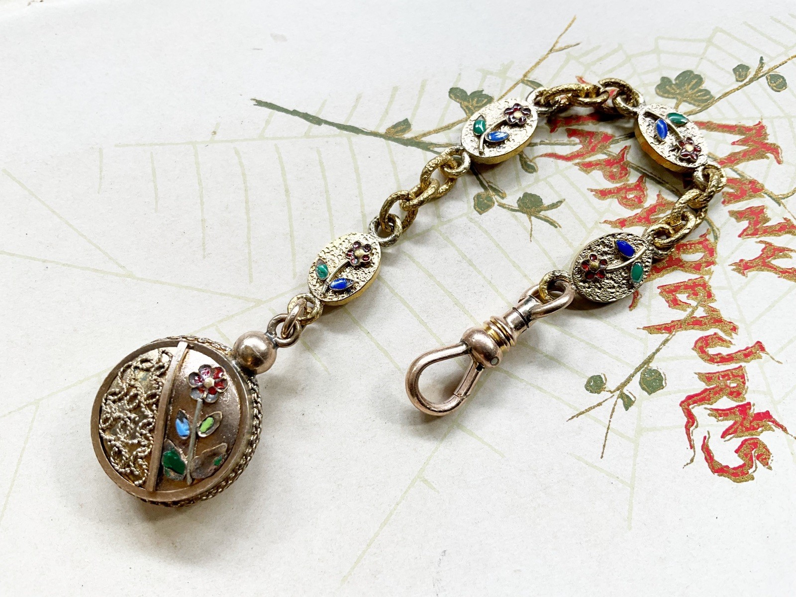 Antique Gold Filled Pocket Watch Chain Fob with Enamel Flowers & Etruscan Work