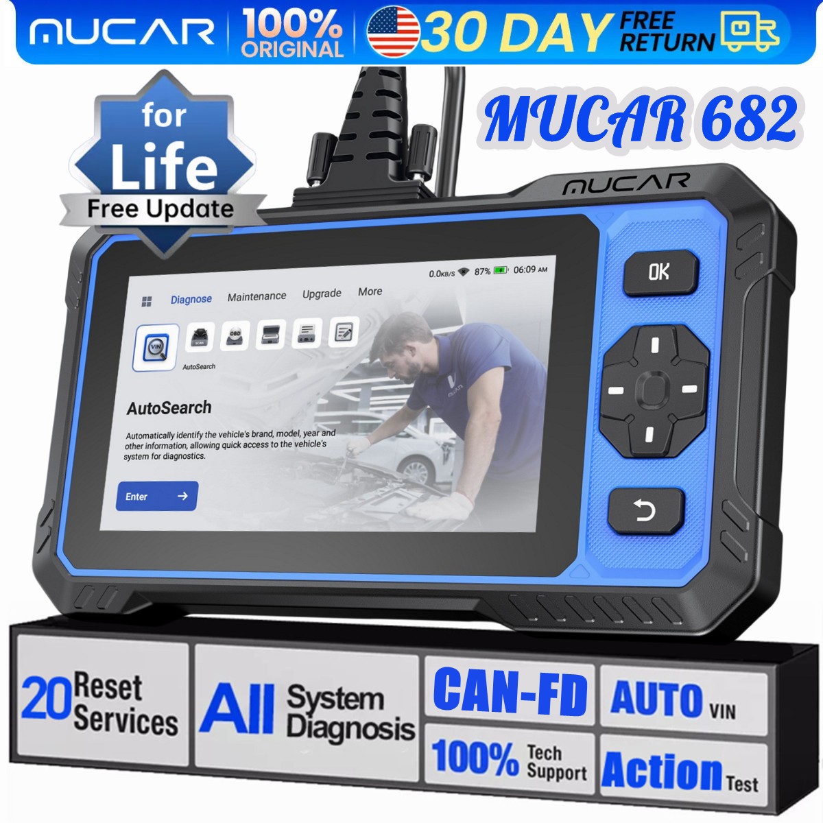 2026 MUCAR 682 AI All System Diagnostic Tool OBD2 Scanner CANFD FCA Action Test