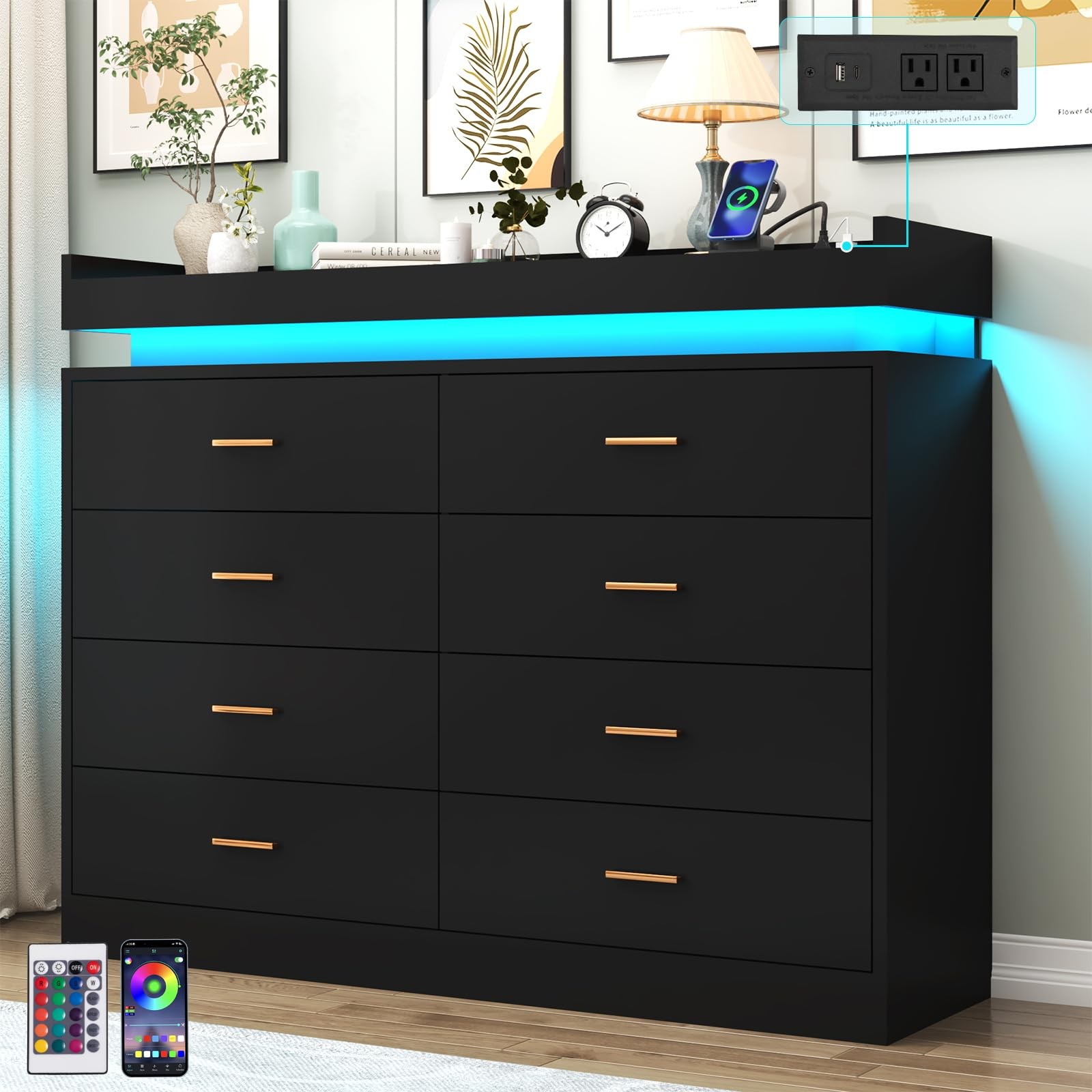 8 Drawer Dresser with LED Light and Charging Station, Modern Chest of Drawers