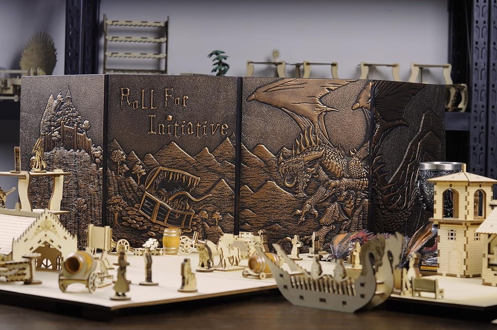 Faux Leather Dungeon Master Screen Embossed Dragon Mimic Four-Panel with Pockets