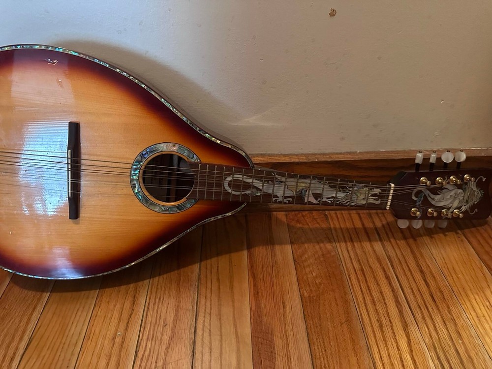 Antonio Tsai acoustic mandolin, dragon designs, missing string, slight damage
