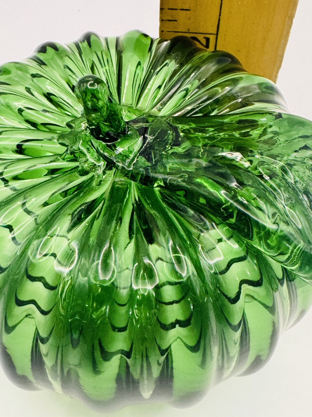 Vintage Hand-Blown Glass Green Apple/Pumpkin Paperweight Home Decor