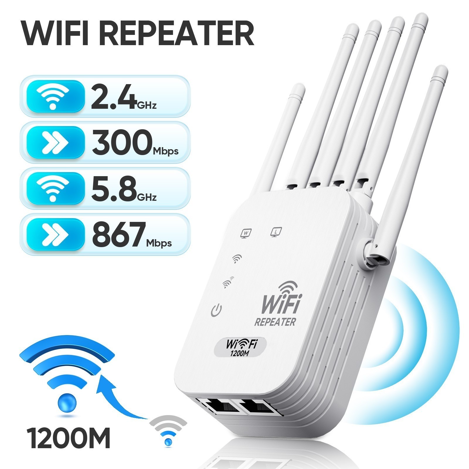 WiFi Extender 6-Antenna Strong Signal, 1200Mbps Dual Band (5GHz/2.4GHz) Booster