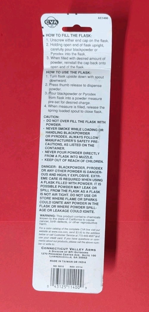 CVA Black Powder Flask Brass Changable Spouts 5 Ounce Capacity Both Ends Remove