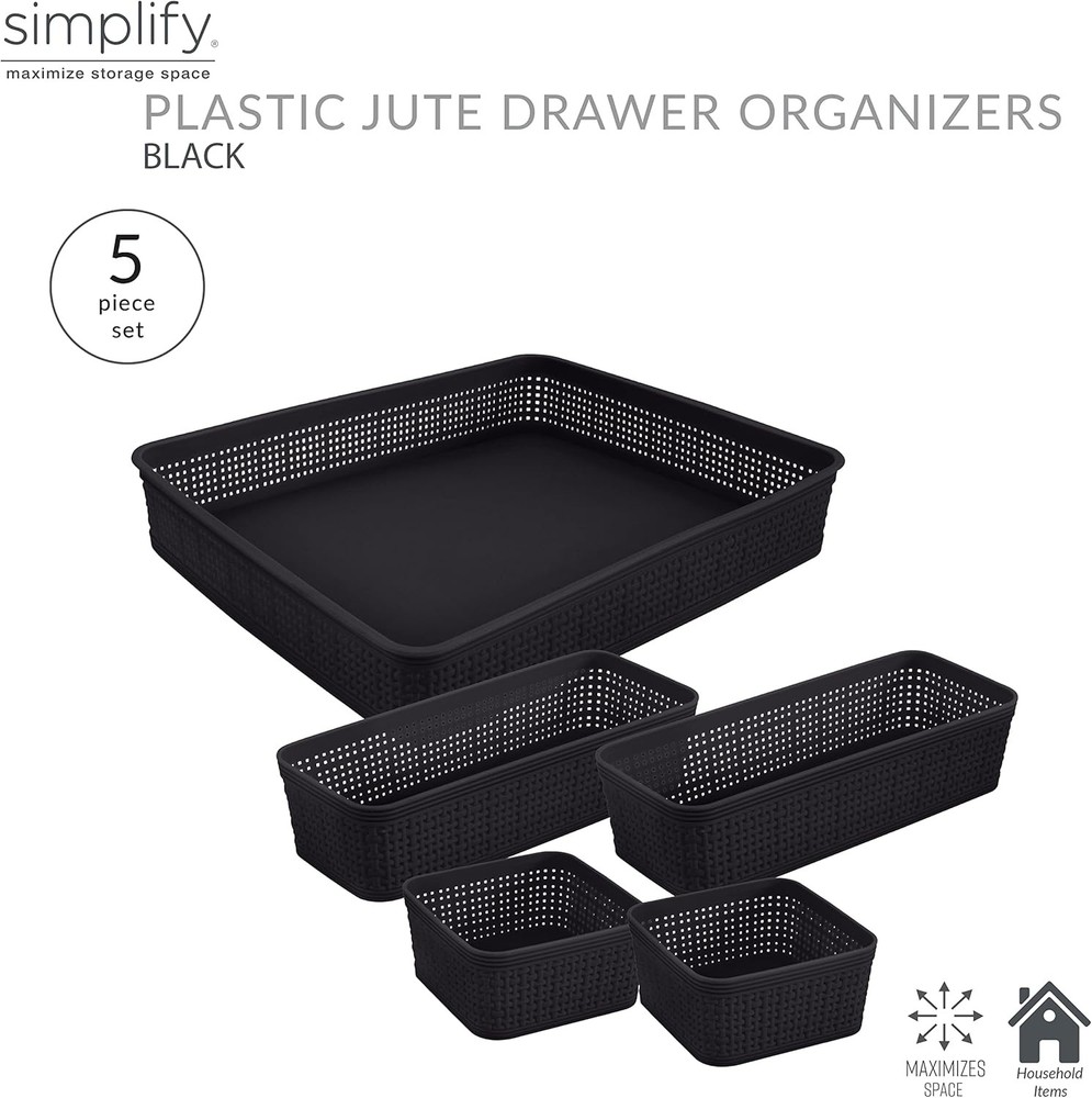 Simplify 5 Piece Organizing Set | Multiple Size Bins | Multipurpose | Black