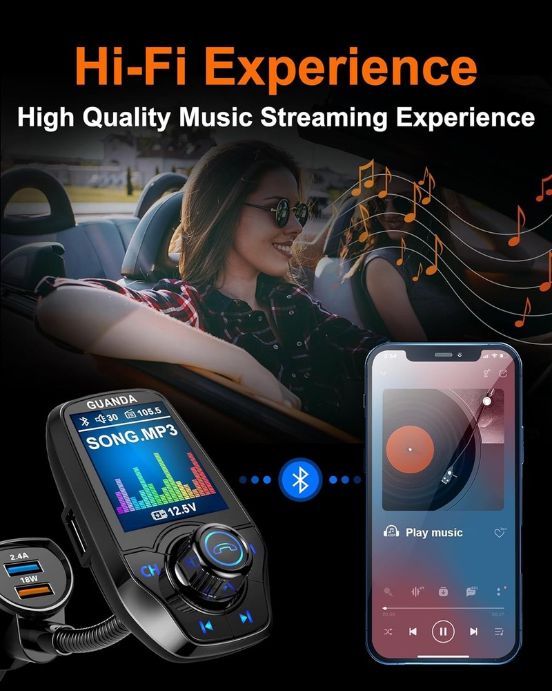 Upgraded Bluetooth FM Transmitter for Car, Fast Charge 18W + 2.4A/5V Black