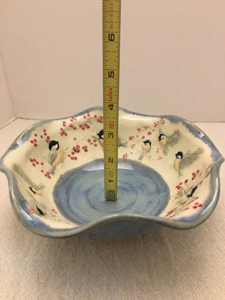 Jen Stein Art Pottery Bowl Decor Piece Chickadee Pattern
