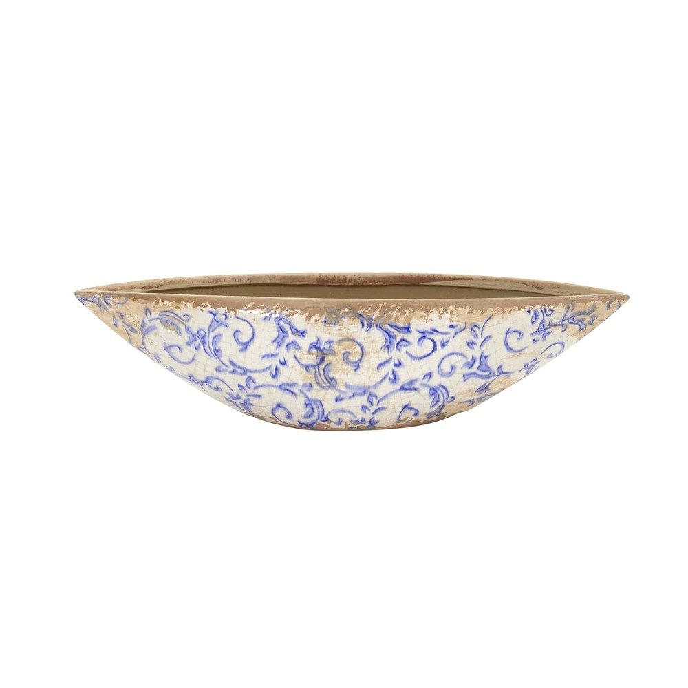 13" Tuscan Ceramic Blue Scroll Decorative Bowl White Traditional