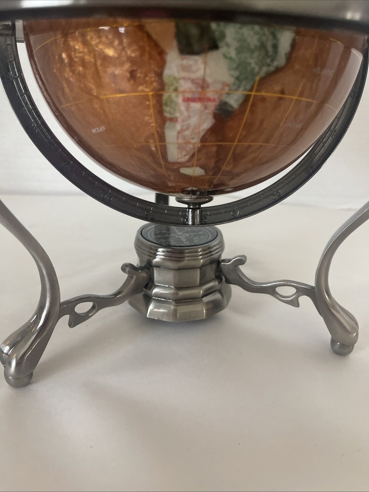 Gemstone World Globe Silver Tripod Stand Compass Manually Rotates 10” Tall